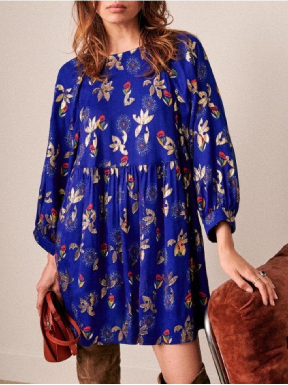 Sezane Grace Mini Dress Electric Blue Gold Silk FR 38 US 6